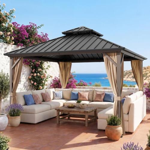 Phoenix NEW JOYSIDE 12 ft. x 12 ft. Aluminum Outdoor Gazebo Double Galvanized Steel Roof with Ceiling Hook, Mosquito Netting and Curtains