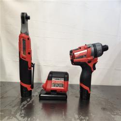 AS-IS- M12 12V Lithium-Ion Cordless Screwdriver  3/8 in. High Speed Ratchet  Light Combo Kit (3-Tool) W/ 2 Batteries & Charger