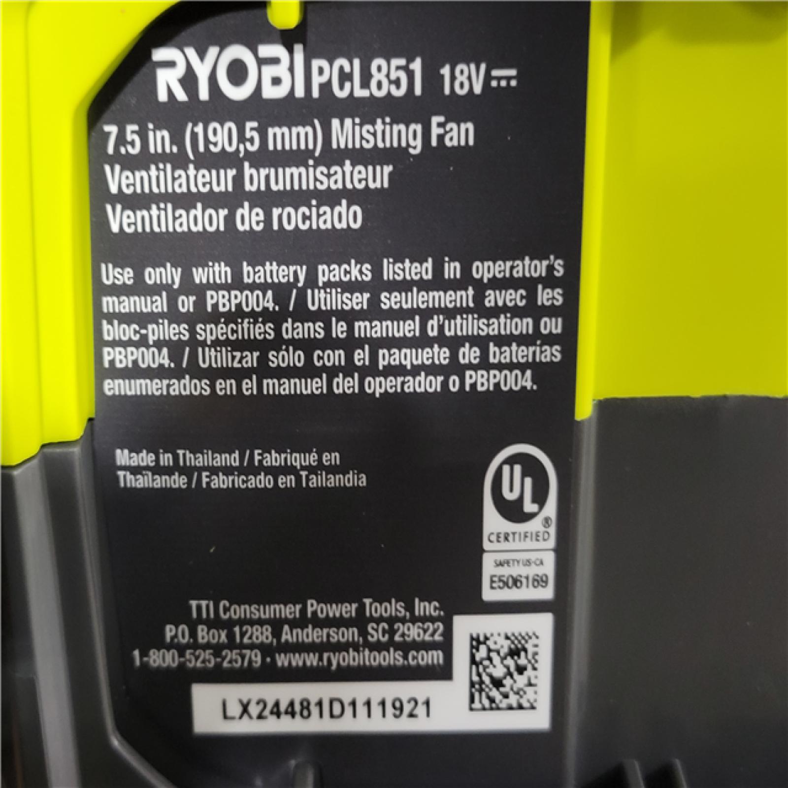 California NEW Ryobi One+ 18V 7.5 Bucket Top Misting Fan Kit  Includes (1) Battery & Charger