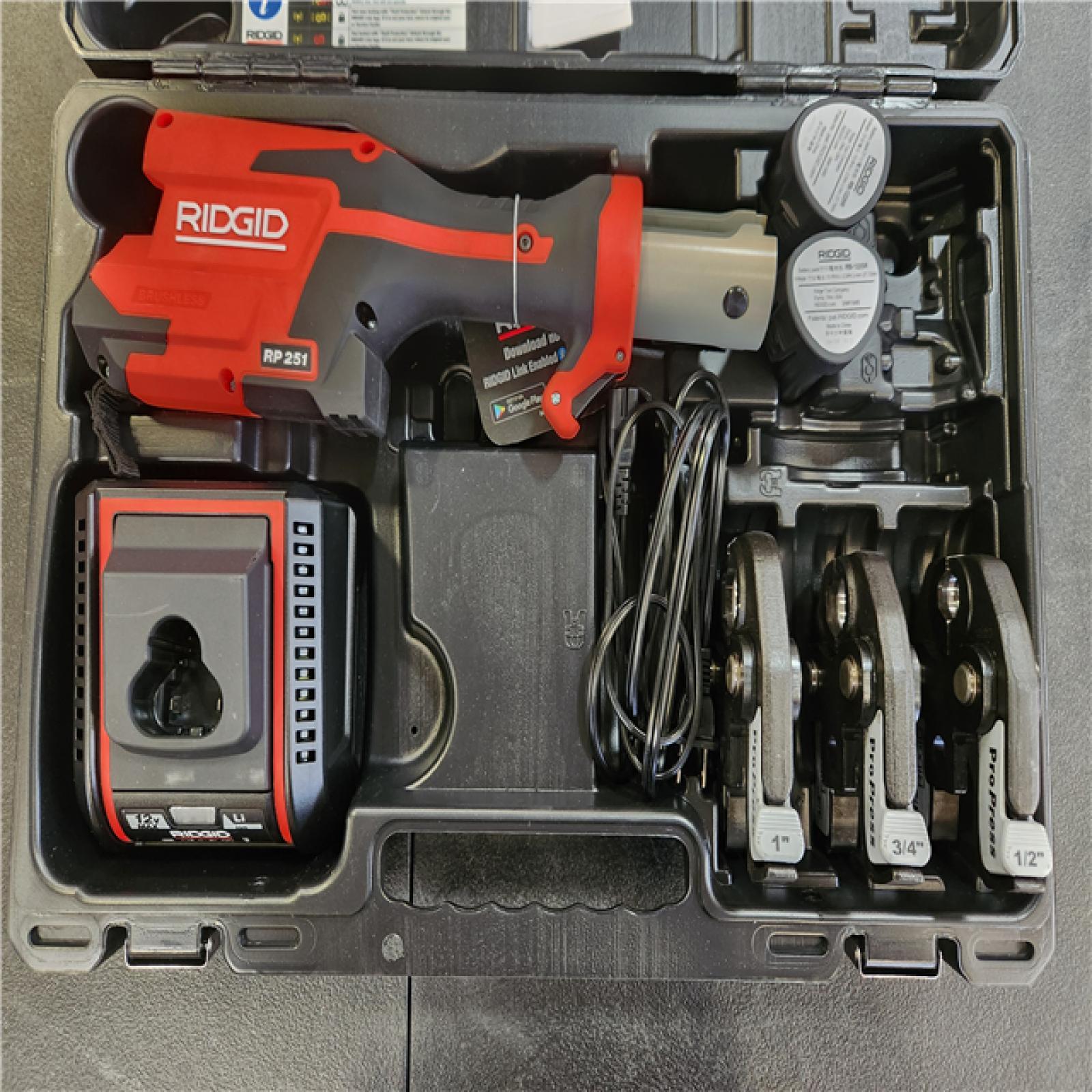 Phoenix NEW RIDGID RP 251 Stainless Steel Press Tool Kit Includes 3-ProPress Jaws (1/2  3/4  1 in.)  2-12V Batteries  Charger Plus Case