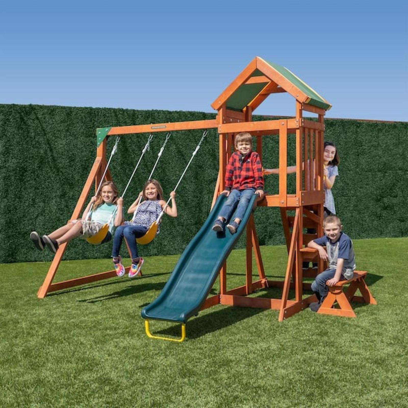 Phoenix NEW SPORTSPOWER Scottsdale Wood Swing Set with Slide  Sandbox and Roofed Play Fort  BONUS Anchor Kit Included for Kids 3-8