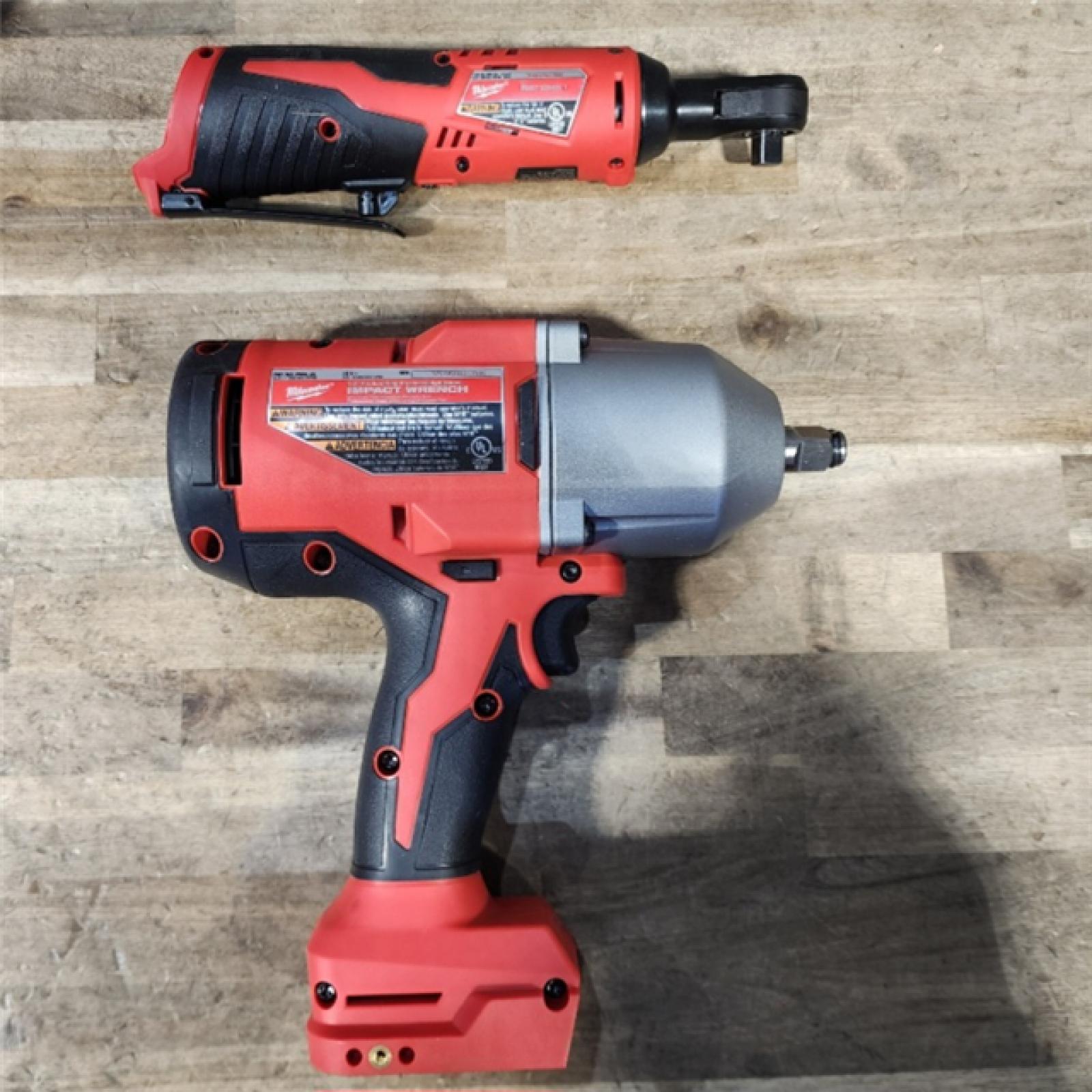 HOUSTON LOCATION - AS-IS Milwaukee M12/M18 12/18V Lithium-Ion Cordless 3/8 in. Ratchet and 1/2 in. High Torque Impact Wrench with Friction Ring Combo Kit