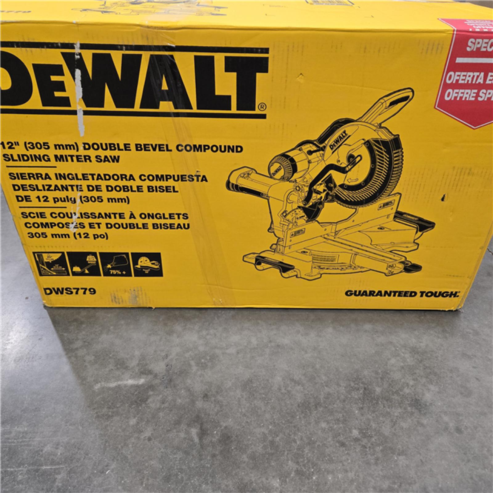 AS-IS DEWALT 15 Amp Corded 12 in. Double Bevel Sliding Compound Miter Saw, Blade Wrench and Material Clamp