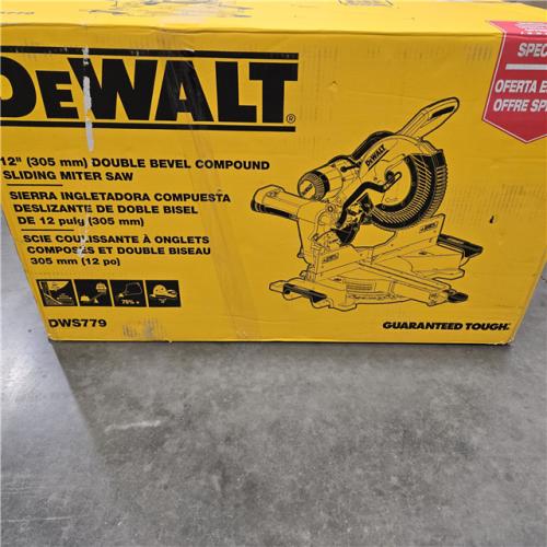 AS-IS DEWALT 15 Amp Corded 12 in. Double Bevel Sliding Compound Miter Saw, Blade Wrench and Material Clamp