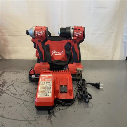 AS-IS- Milwaukee M18 18V Lithium-Ion Brushless Cordless Compact Drill/Impact Combo Kit (2-Tool) W/(2) 2.0 Ah Batteries  Charger & Bag