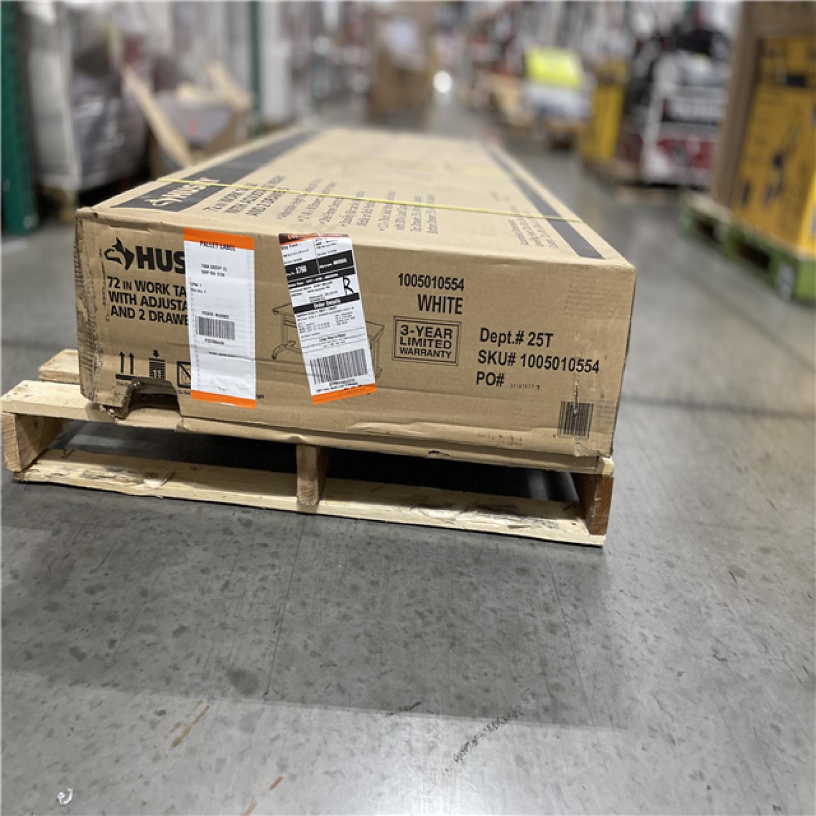 DALLAS LOCATION - Husky 72 in. W x 24 in. D 2-Drawer Adjustable Height White Worktable with Solid Wood Top