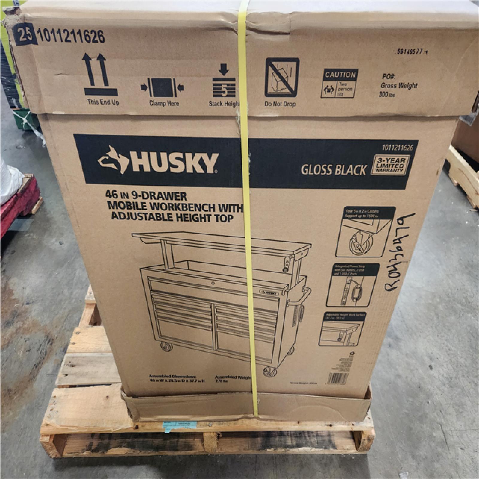 Phoenix NEW Husky 46 in. x 25 in. D 9-Drawer Mobile Workbench with Adjustable Height Wood Top in Gloss Black