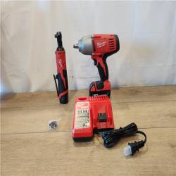 AS-IS- Milwaukee 12/18V Lithium-Ion Cordless 3/8 in. Ratchet and 1/2 in. High Torque Impact Wrench with Friction Ring Combo Kit