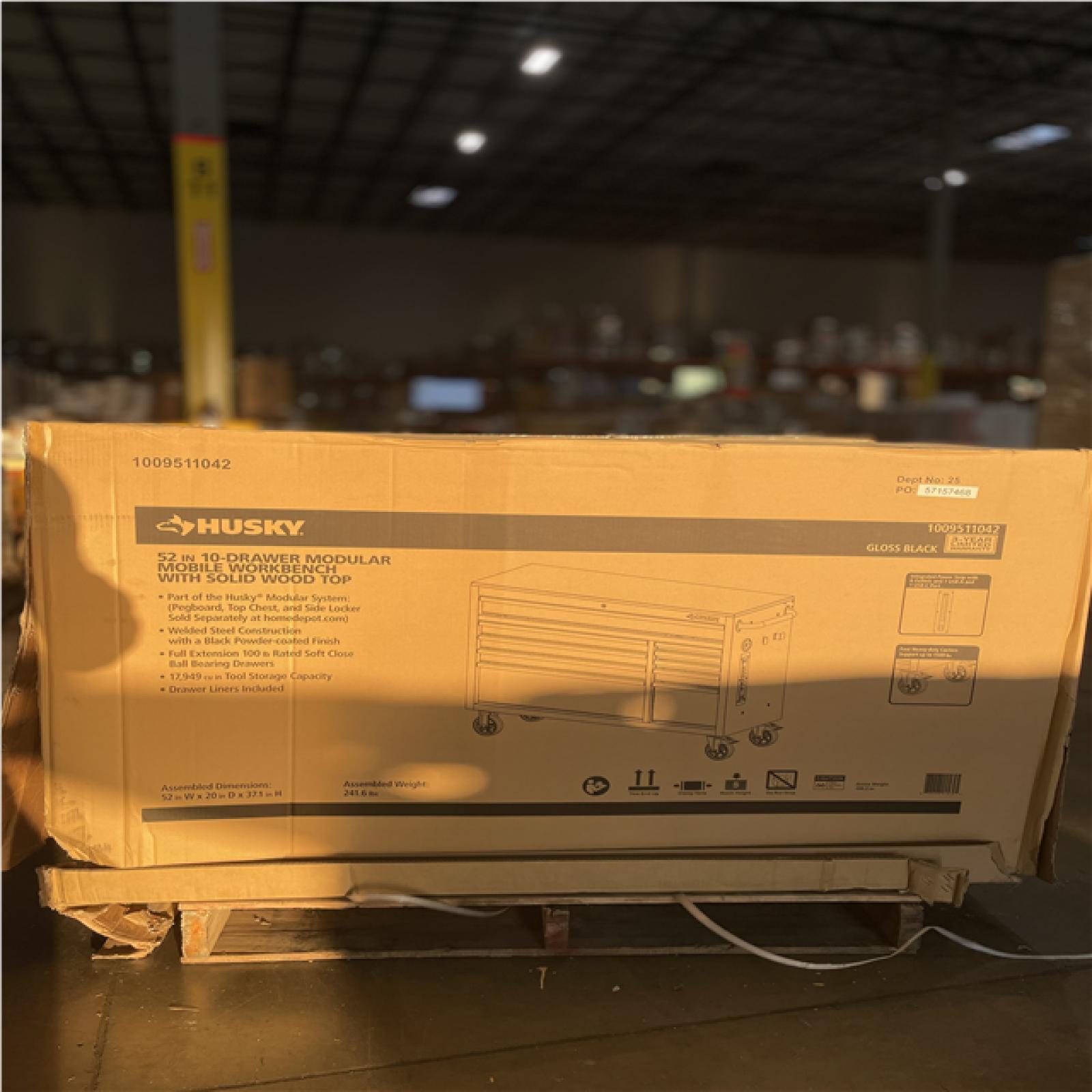 DALLAS LOCATION- AS-IS HUSKY 52 in. W x 20 in. 10 Drawer Mobile Workbench Gloss Black/Wood Top PALLET (2 UNITS)