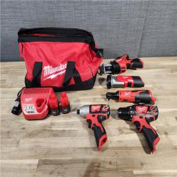 HOUSTON LOCATION - AS-IS (APPEARS LIKE NEW) MILWAUKEE M12 12V Lithium-Ion Cordless Combo Kit (5-Tool) with Two 1.5Ah Batteries, Charger & Tool Bag