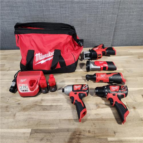 HOUSTON LOCATION - AS-IS (APPEARS LIKE NEW) MILWAUKEE M12 12V Lithium-Ion Cordless Combo Kit (5-Tool) with Two 1.5Ah Batteries, Charger & Tool Bag