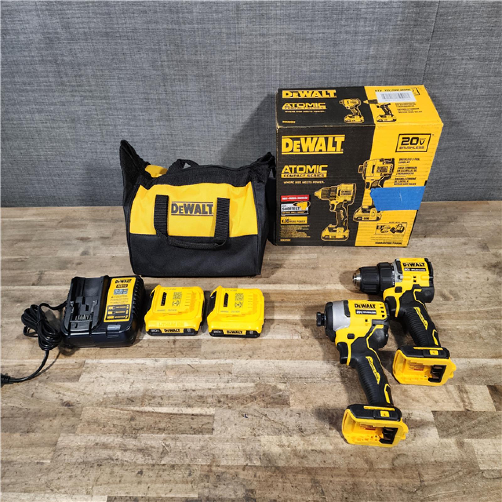 HOUSTON LOCATION - AS-IS Dewalt DCK225D2 20V MAX ATOMIC Brushless Compact Lithium-Ion 1/2 in. Cordless Drill Driver and 1/4 in. Impact Driver Combo Kit with 2 Batteries 2 Ah