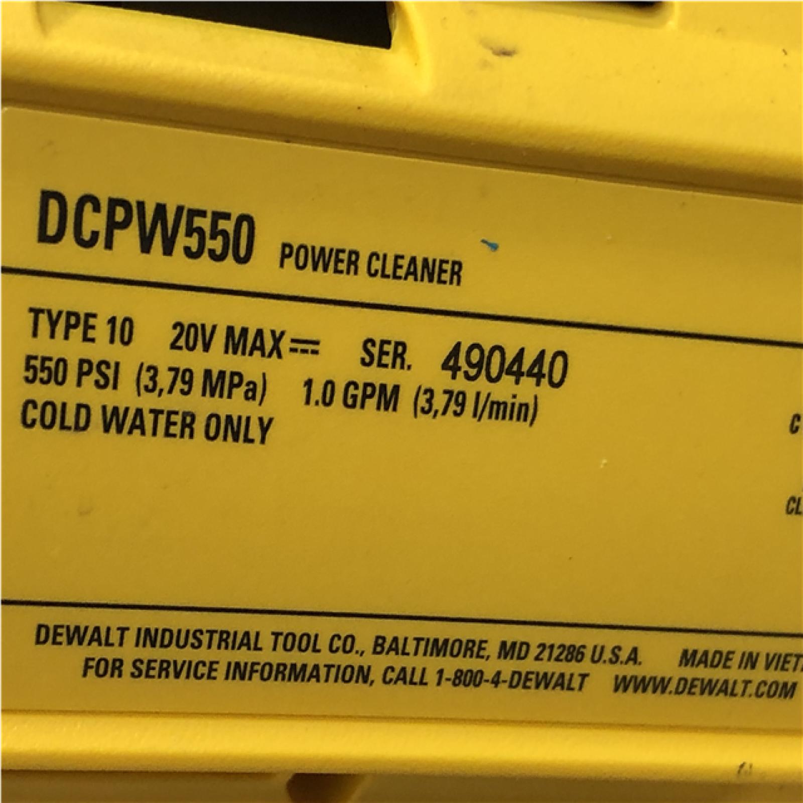 AS-IS DEWALT 20V MAX 550 PSI 1.0 GPM Cold Water Cordless Power Cleaner with 4-Nozzles (Tool Only)