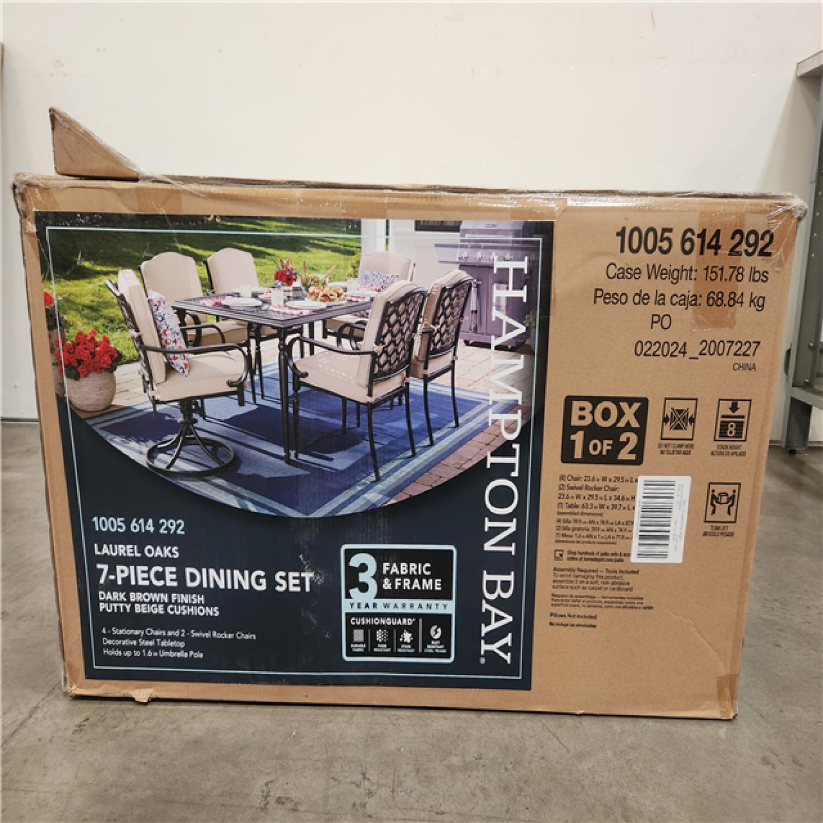 Phoenix Location NEW Hampton Bay Laurel Oaks 7-Piece Brown Steel Outdoor Patio Dining Set with CushionGuard Putty Tan Cushions