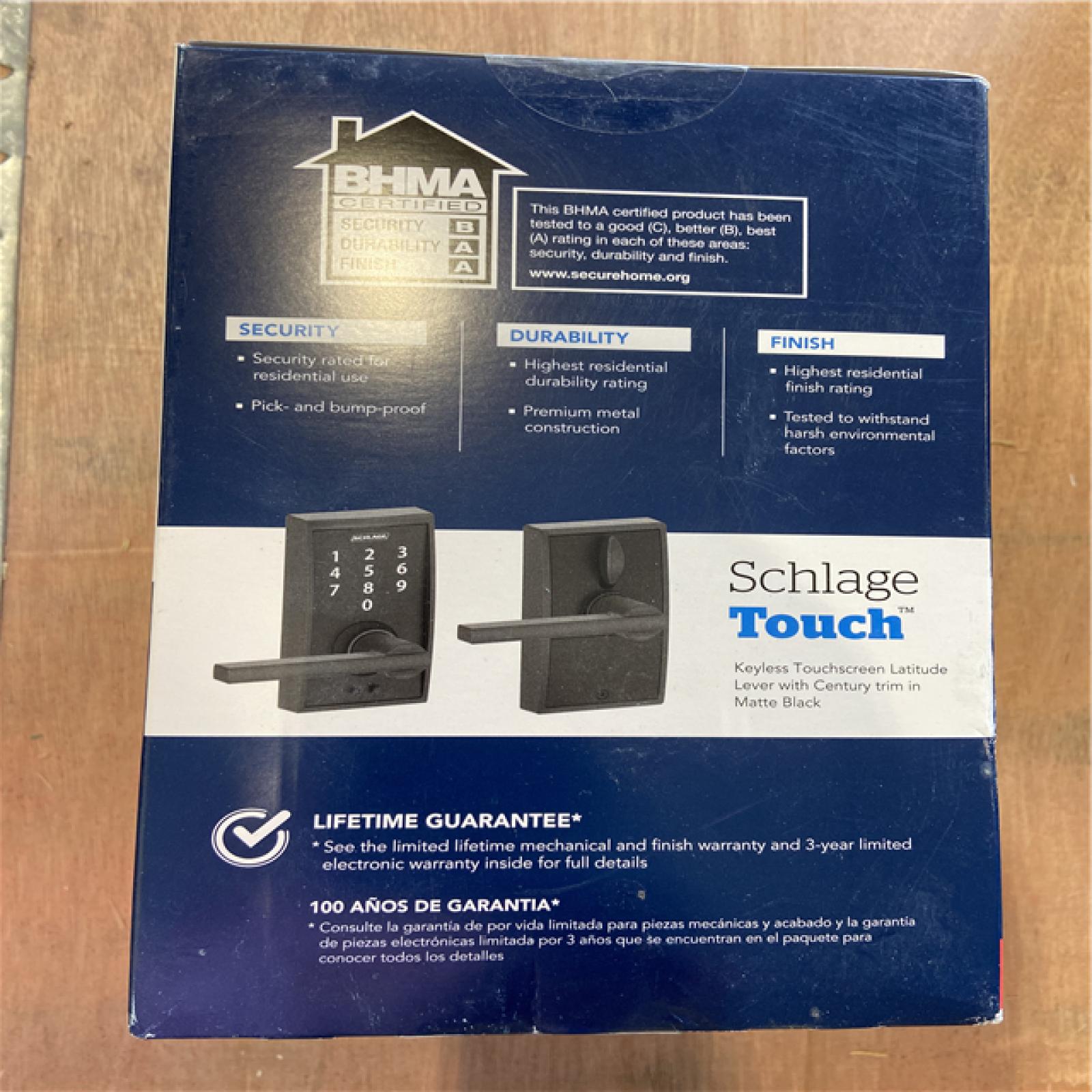 NEW! - Schlage Century Matte Black Touch Keyless Touchscreen Door Lock with Latitude Handle