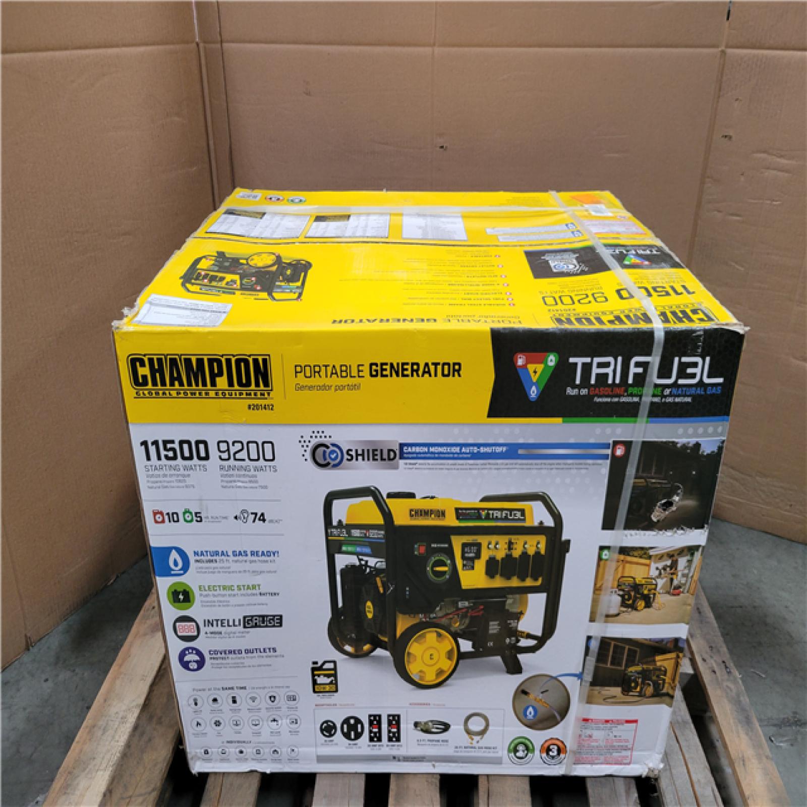 CALIFORNIA AS-IS NEW CHAMPION 11 500/9 200-WATT ELECTRIC START TRIFUEL PROPANE GENERATOR