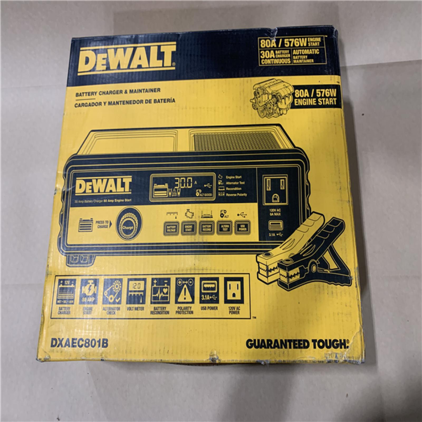 New - DEWALT 30 Amp Automotive Portable Car Battery Charger with 80 Amp Engine Start and Alternator Check