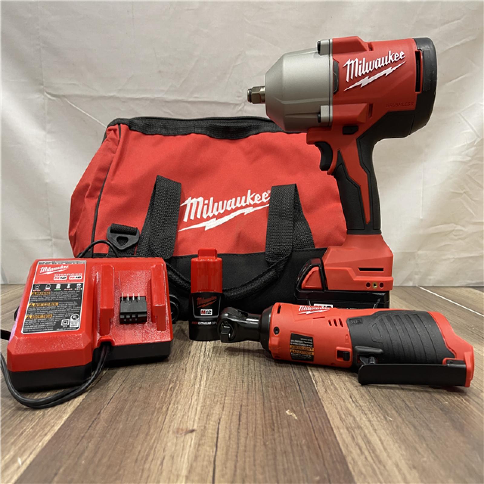 AS-IS Milwaukee M12/M18 12/18V Lithium-Ion Cordless 3/8 in. Ratchet and 1/2 in .Combo Kit