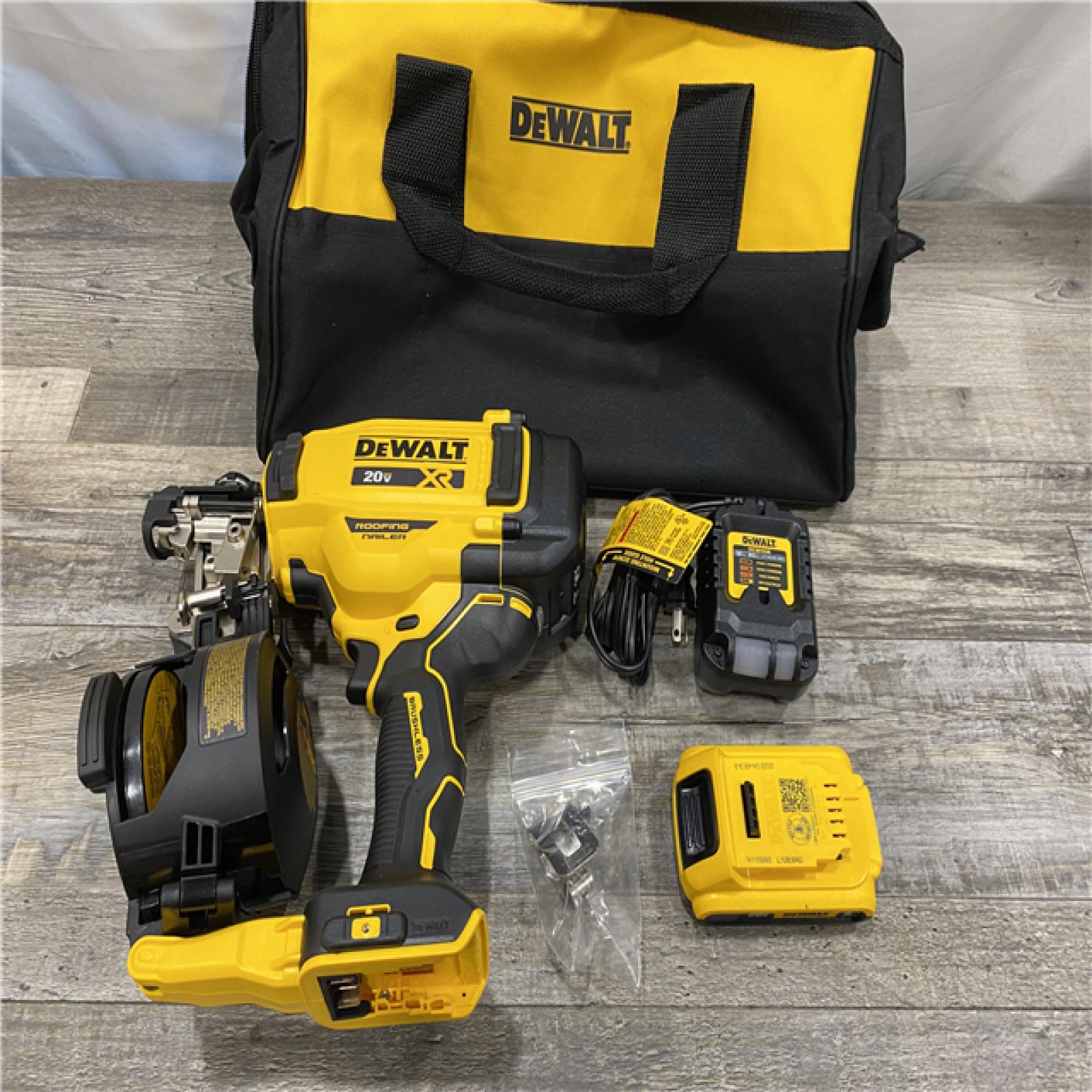 AS-IS DEWALT 20V MAX Lithium-Ion 15-Degree Electric Cordless Roofing Nailer Kit