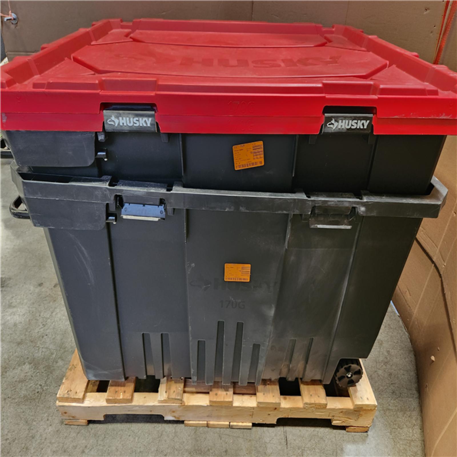Phoenix Location AS-IS 2 Husky 170 Gal. Pro Grip Storage Tote in Black with Red Lid