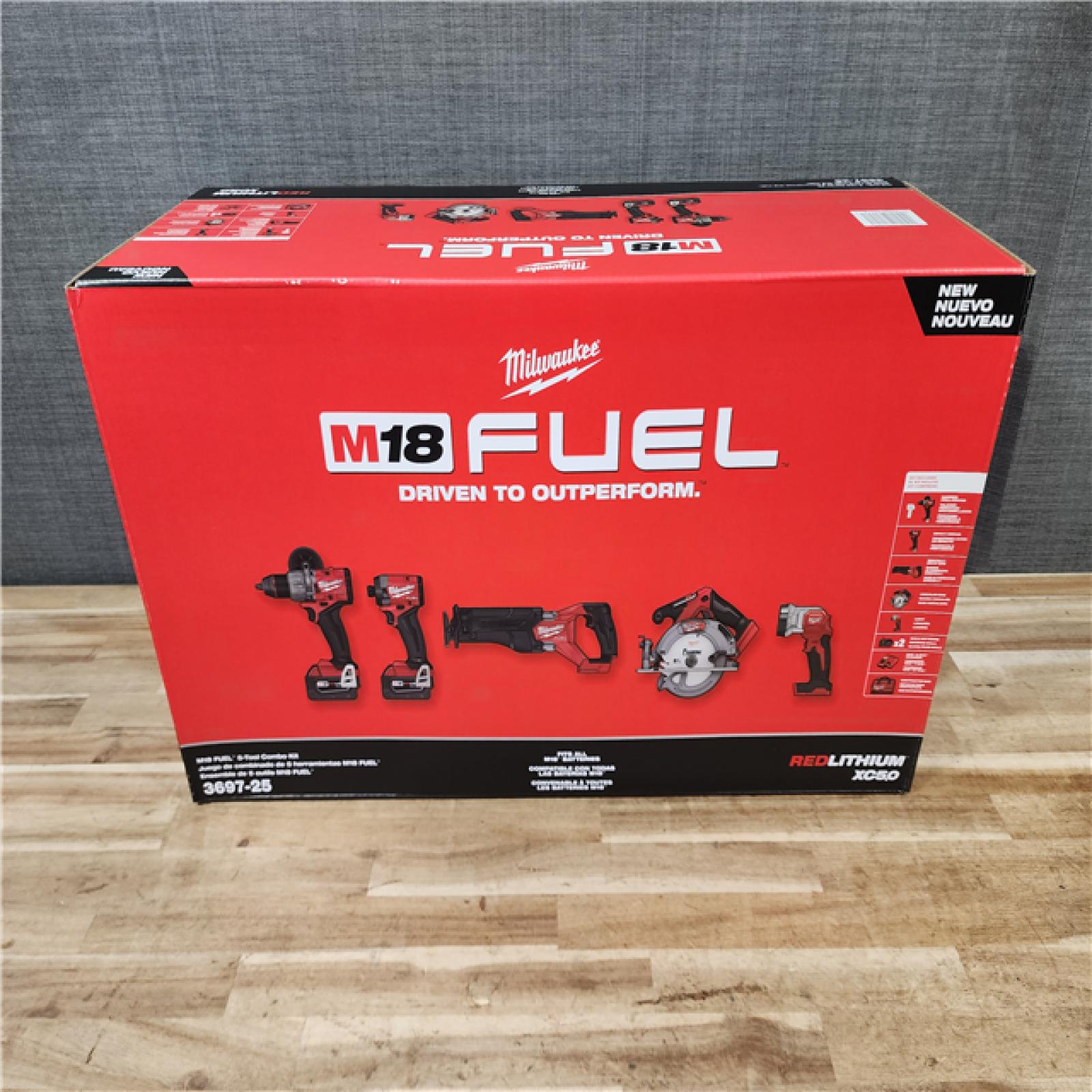 HOUSTON LOCATION - AS-IS (NEW) Milwaukee M18 FUEL 18V Lithium-Ion Brushless Cordless 5-Tool Combo Kit with Two 5.0 Ah Batteries  1 Charger 1 Tool Bag