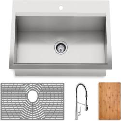 HOUSTON LOCATION - AS-IS (NEW) PRO - INSPIRED SINK KIT TOP-/UNDER-MOUNT SINGLE-BOWL KITCHEN SINK 18-GA STAINLESS STEEL