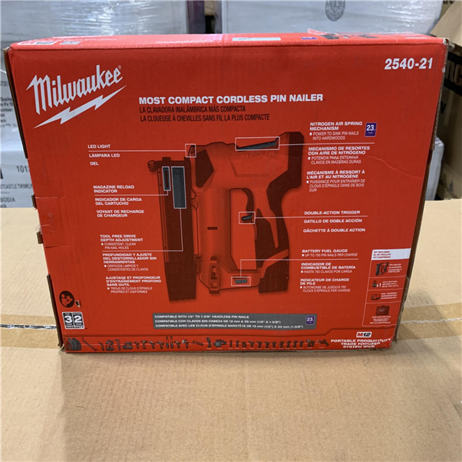 AS-IS - Milwaukee M12 12-Volt 23-Gauge Lithium-Ion Cordless Pin Nailer Kit with 1.5 Ah Battery  Charger and Tool Bag