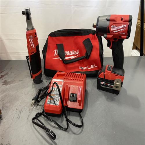 AS-IS - Milwaukee M18 FUEL 18V Cordless Mid Torque 1/2 in. Impact Wrench W/ M12 FUEL 3/8 in. Ratchet & Battery/Charger Combo Kit
