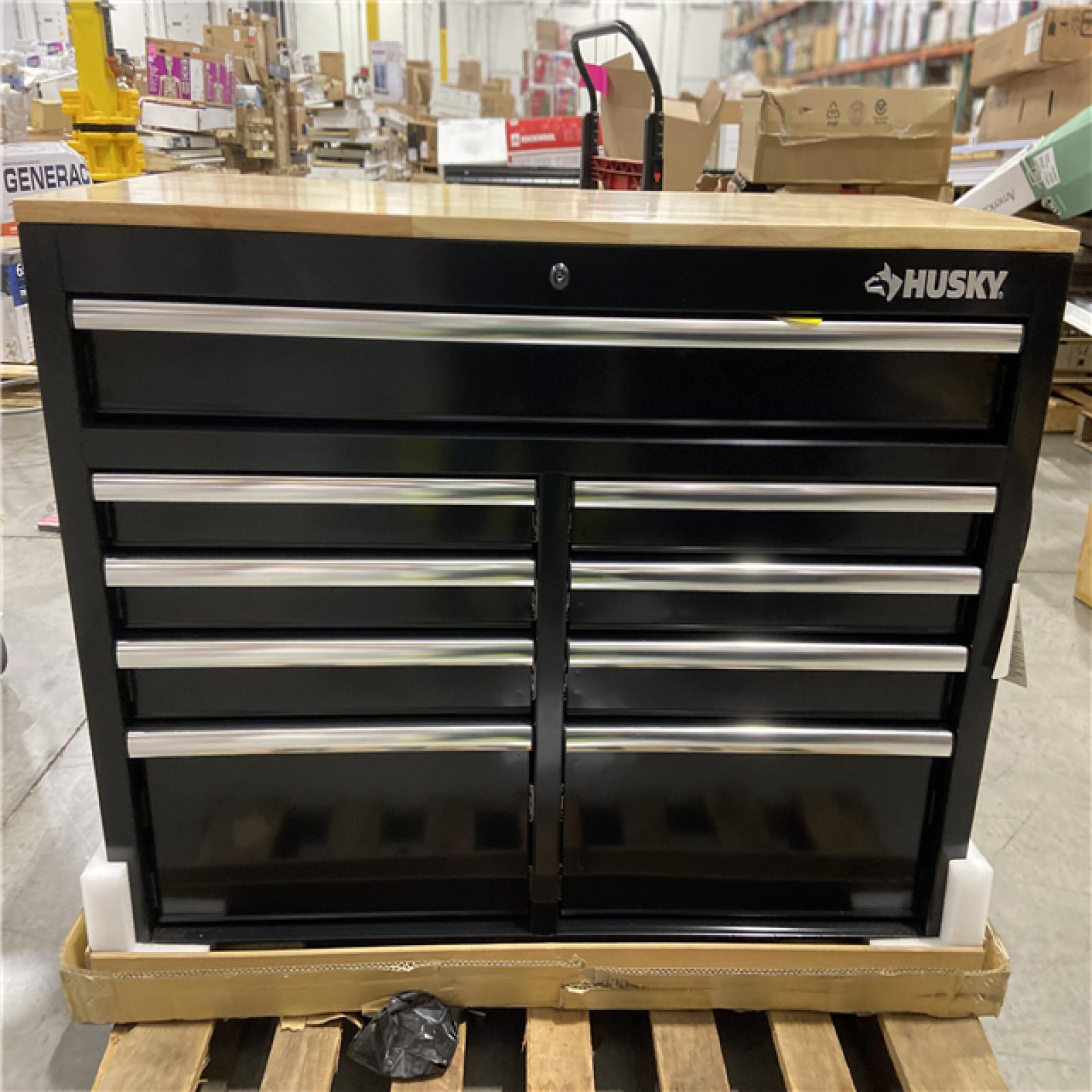 DALLAS LOCATION  - Husky Tool Storage 46 in. W x 18 in. D 9-Drawer Mobile Workbench Cabinet in Gloss Black