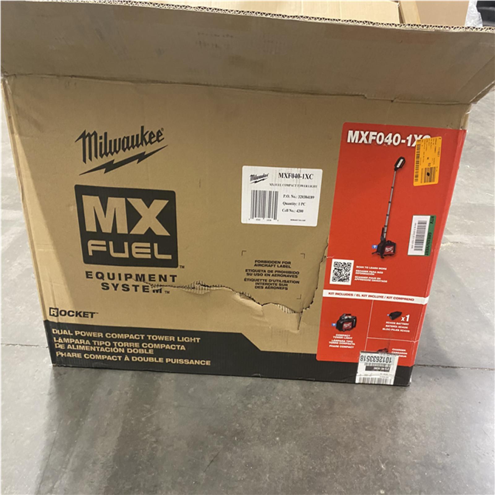 Dallas Location- As-Is Milwaukee - MX FUEL ROCKET Dual Power Compact Tower Light Kit with (1) XC406 Battery Pack and (1) MX Charger Milwaukee - MX FUEL ROCKET Dual Power Compact Tower Light Kit with (1) XC406 Battery Pack and (1) MX Charger Milwaukee