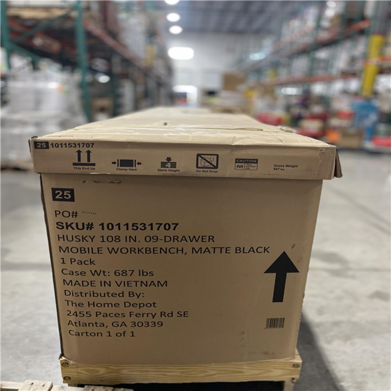 DALLAS LOCATION - AS-IS Husky 108 in. W x 24 in. D 9-Drawer Heavy-Duty Mobile Workbench with Stainless Steel Top in Matte Black