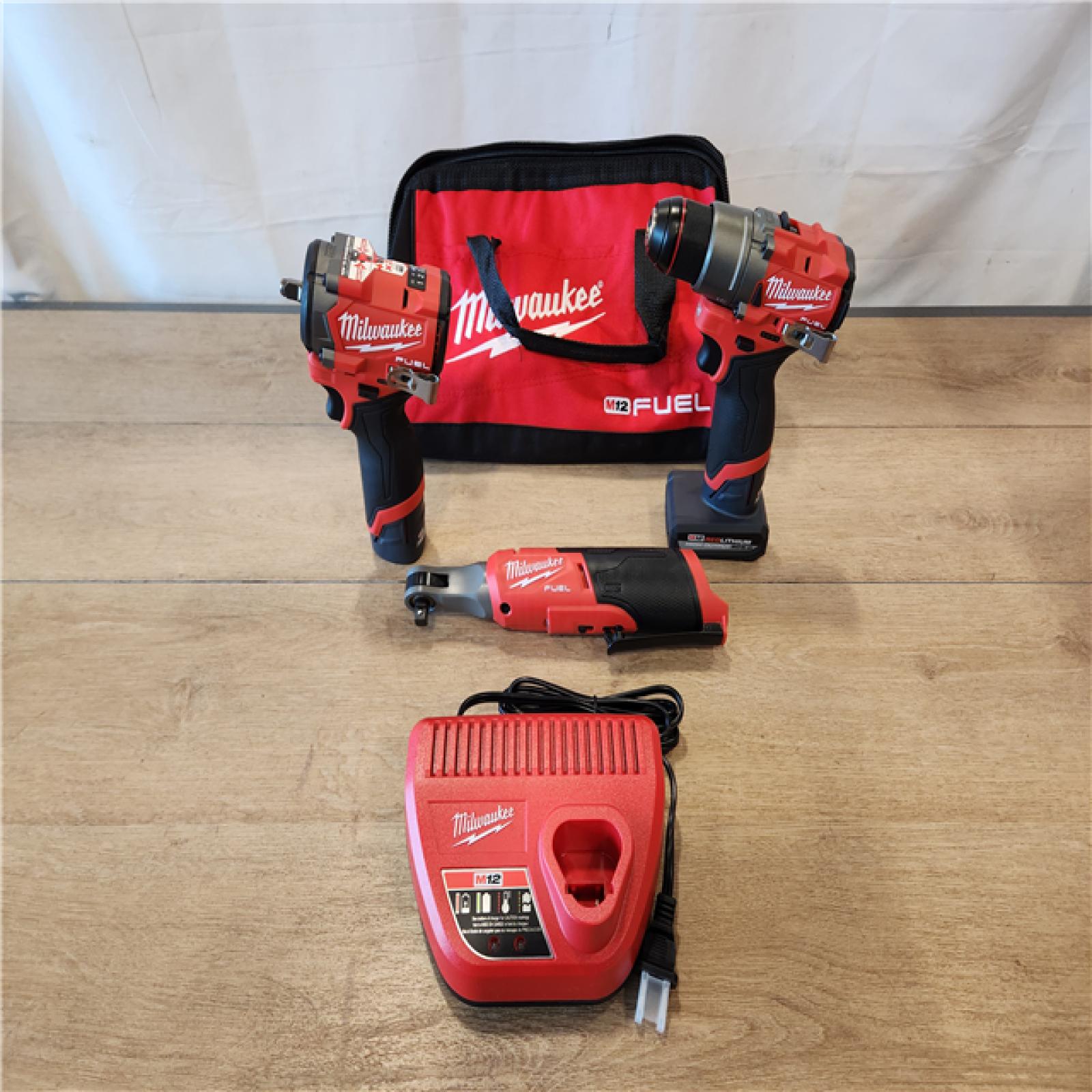 AS-IS- M12 FUEL 12V Lithium-Ion Cordless Drill Driver  Impact Wrench  and Ratchet Combo Kit (3-Tool) W/Batteries  Charger & Bag