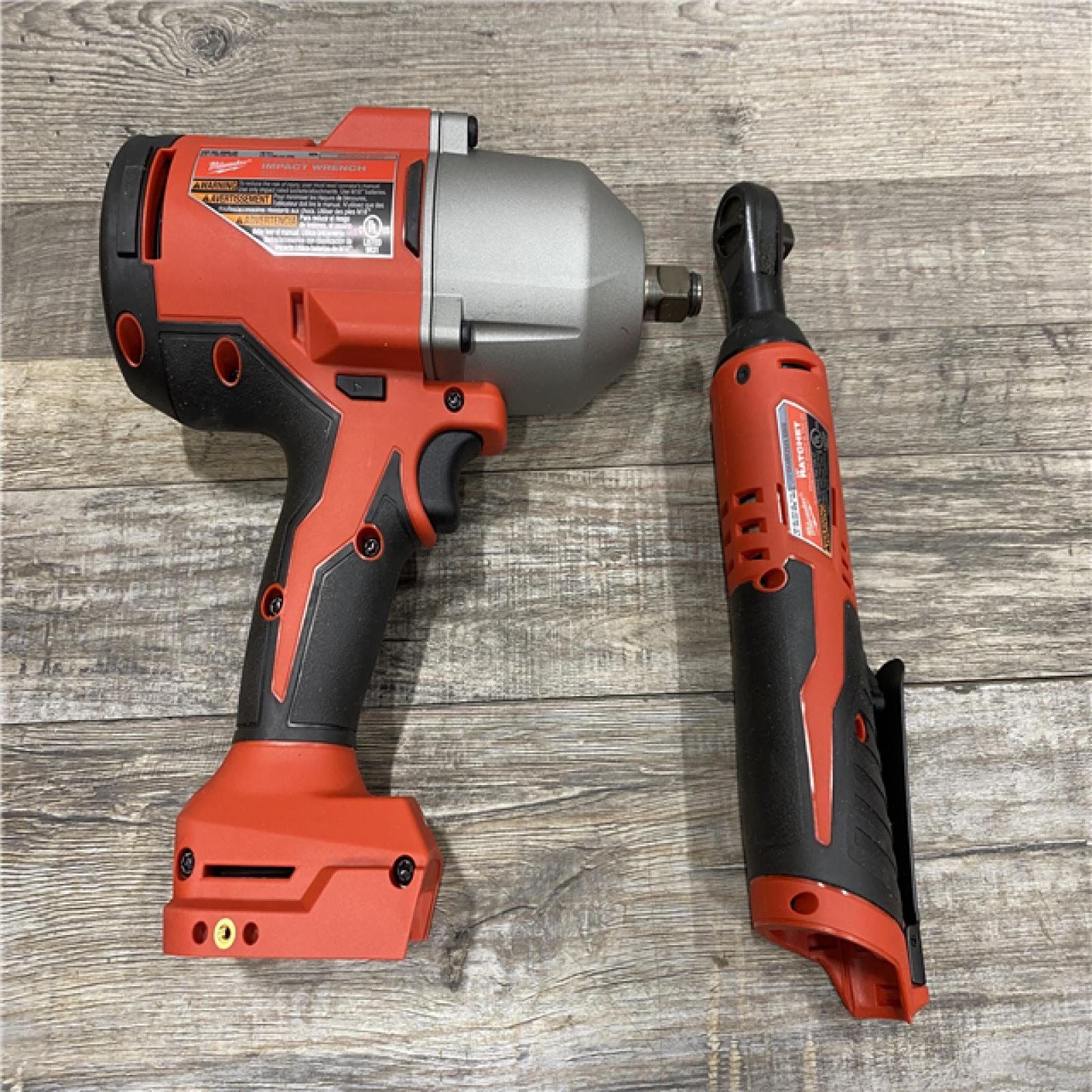 AS-IS Milwaukee 12/18V Lithium-Ion Cordless 3/8 in. Ratchet and 1/2 in. High Torque Impact Wrench with Friction Ring Combo Kit