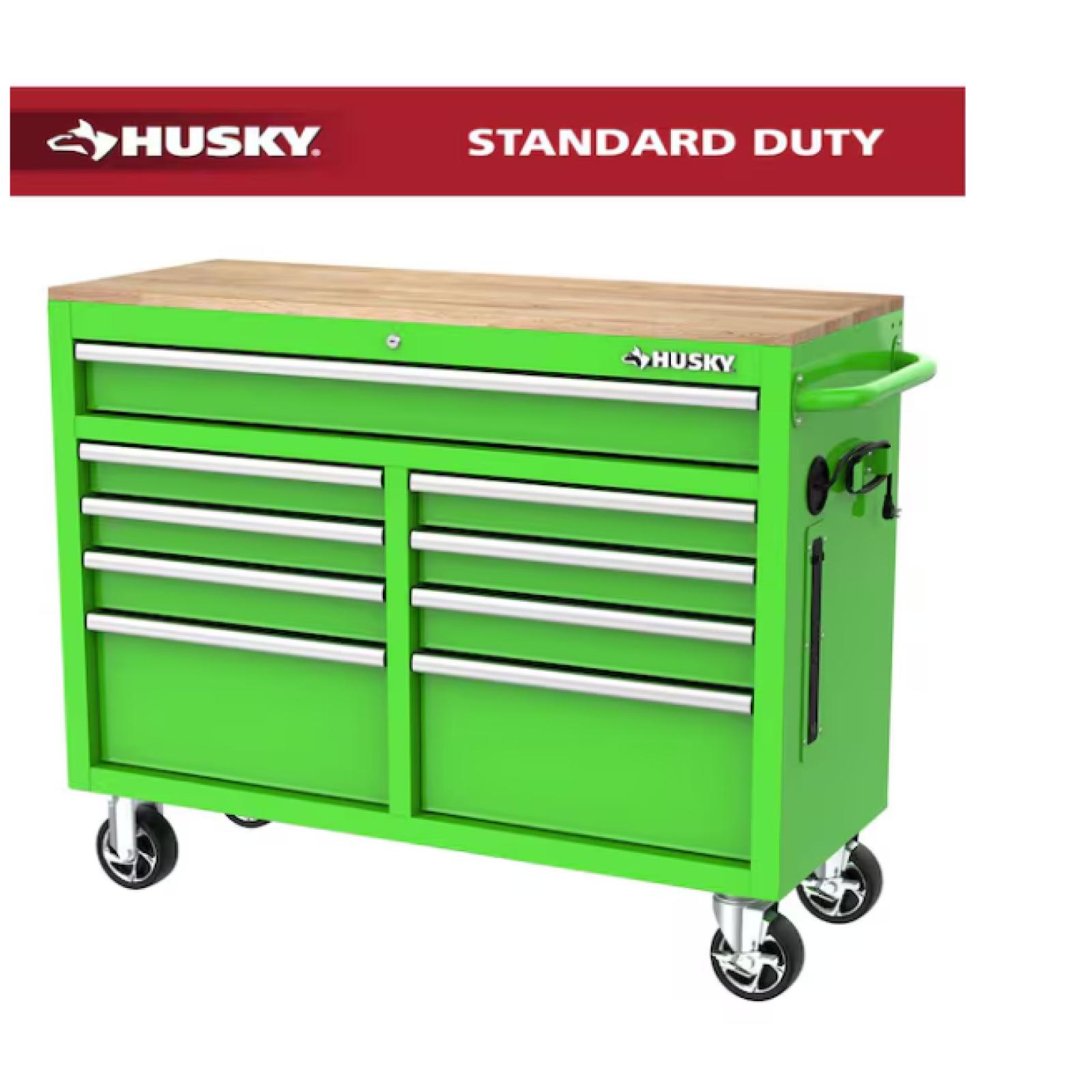 DALLAS LOCATION - AS-IS Husky 46 in. W x 18 in. D 9-Drawer Gloss Green Mobile Workbench Cabinet with Solid Wood Top