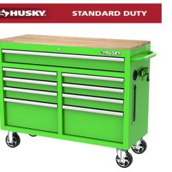DALLAS LOCATION - AS-IS Husky 46 in. W x 18 in. D 9-Drawer Gloss Green Mobile Workbench Cabinet with Solid Wood Top