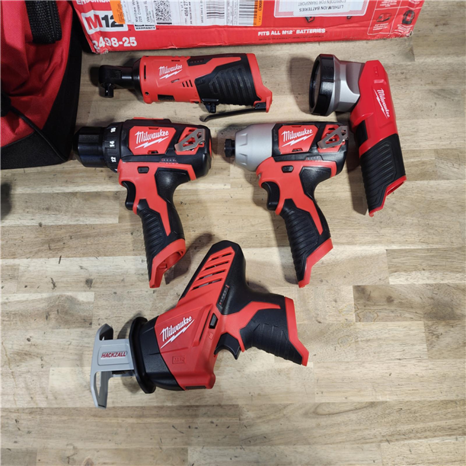 HOUSTON LOCATION - AS-IS (APPEARS LIKE NEW) MILWAUKEE M12 12V Lithium-Ion Cordless Combo Kit (5-Tool) with Two 1.5Ah Batteries, Charger & Tool Bag