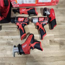 HOUSTON LOCATION - AS-IS (APPEARS LIKE NEW) MILWAUKEE M12 12V Lithium-Ion Cordless Combo Kit (5-Tool) with Two 1.5Ah Batteries, Charger & Tool Bag