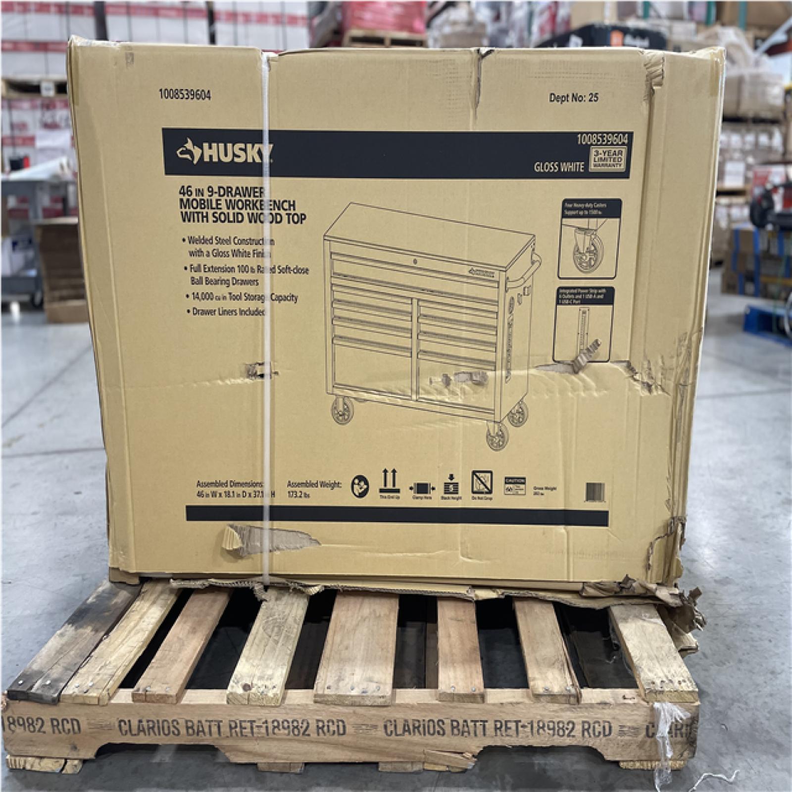 DALLAS LOCATION- AS-IS Husky 46 in. W x 18 in. D 9-Drawer Gloss White Mobile Workbench Cabinet