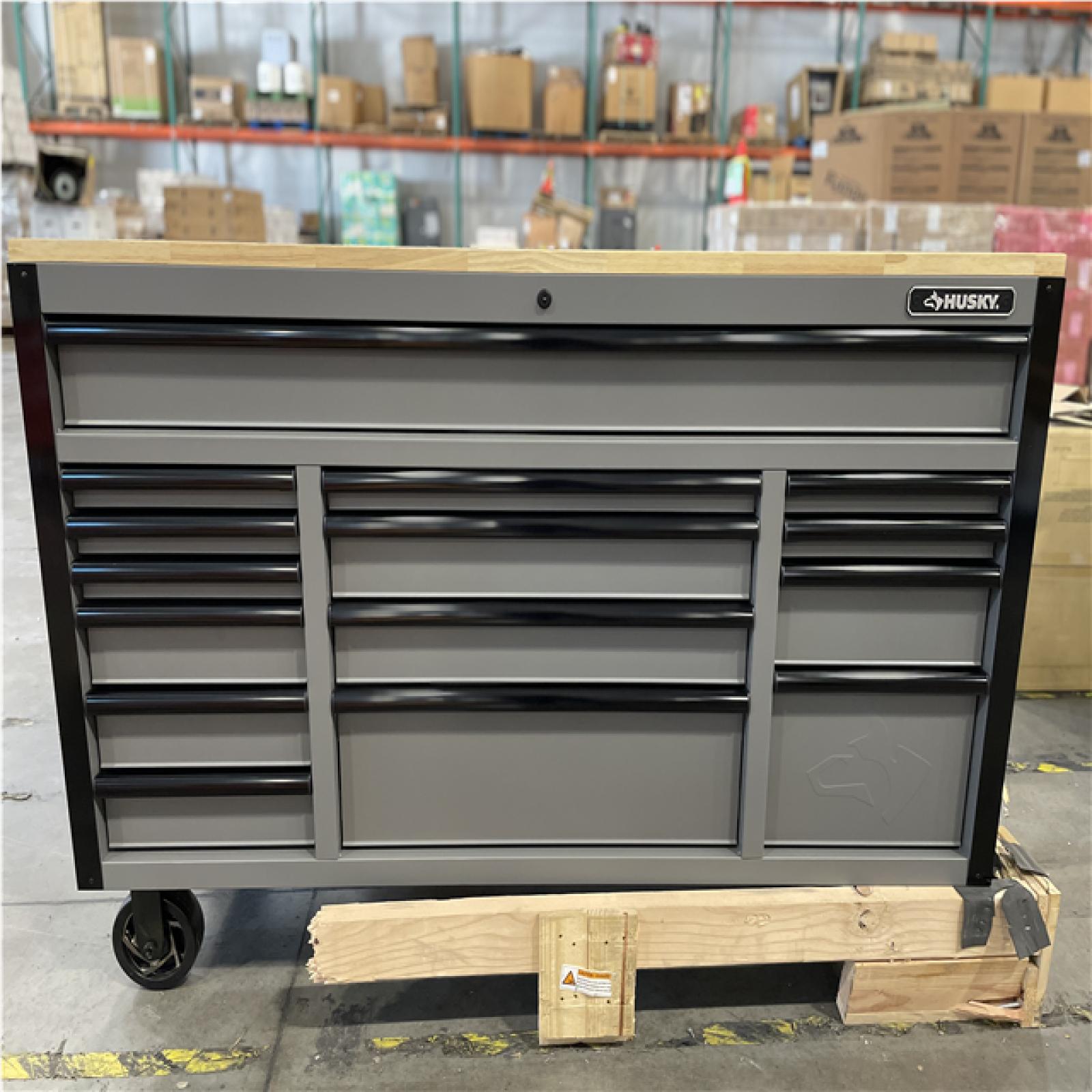 DALLAS LOCATION- AS-IS HUSKY 61 in. W x 22 in. D 15-Drawer Mobile Workbench (MATTE GRAY/ WOODTOP)