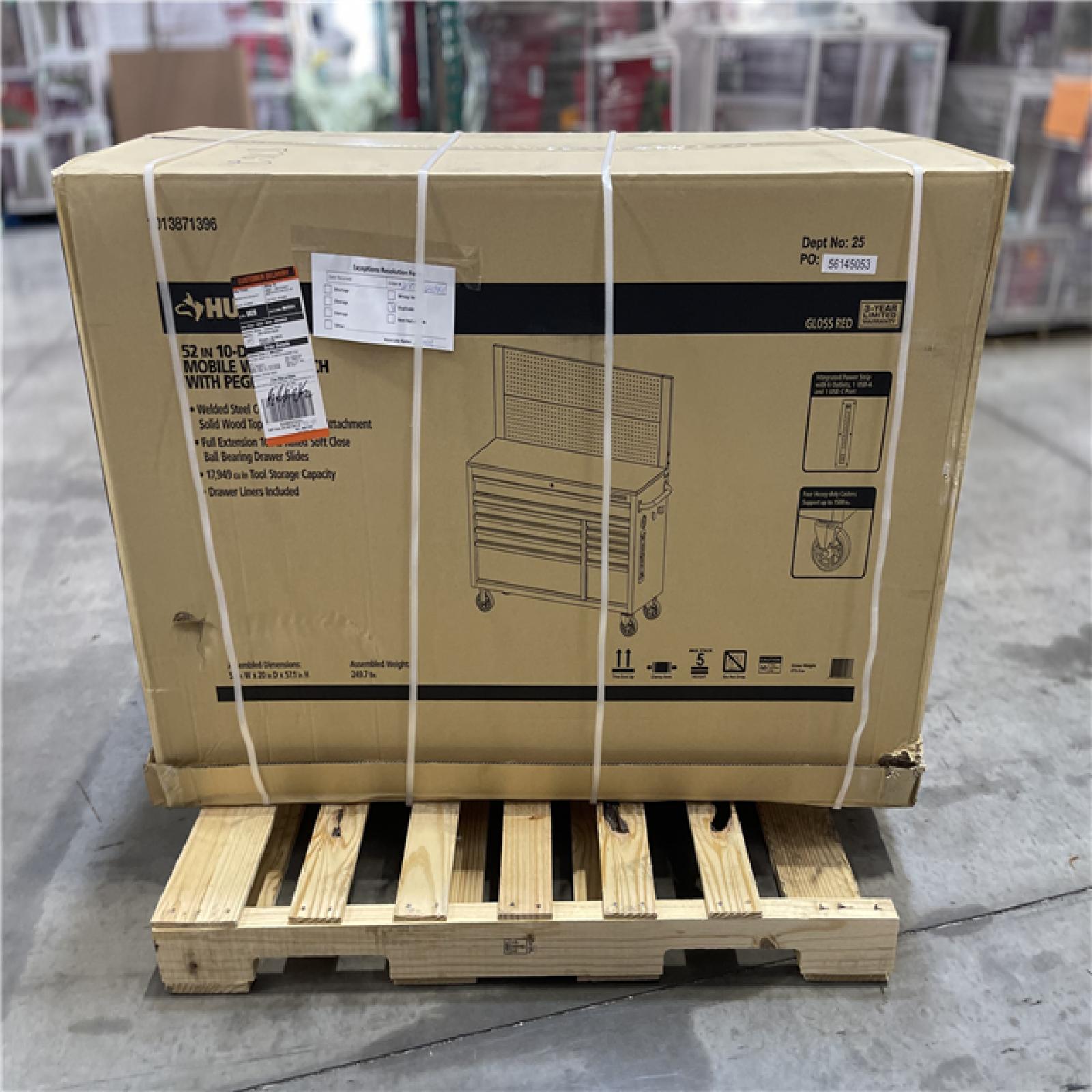 DALLAS LOCATION - Husky 52 in. W 10-Drawer Gloss Red Mobile Workbench Cabinet with Solid Wood Top and Pegboard