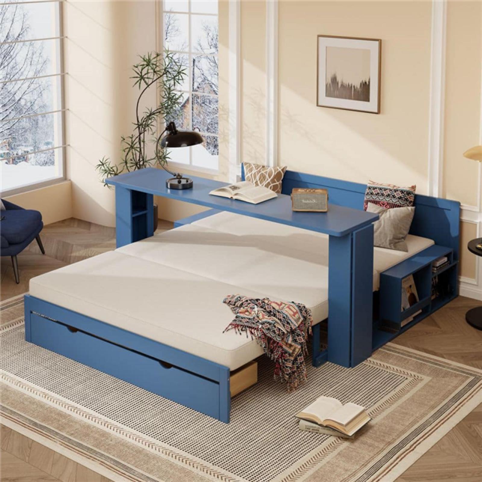 Phoenix LIKE NEW Harper & Bright Designs Blue Queen Size Daybed Convertible Platform bed with Removable Desk  Storage Drawer  Hydraulic Side Table