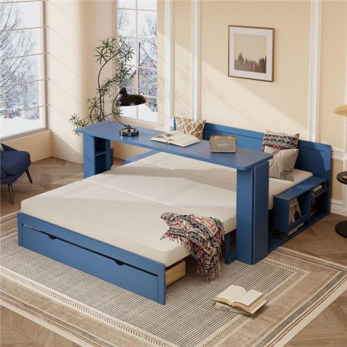 Phoenix LIKE NEW Harper & Bright Designs Blue Queen Size Daybed Convertible Platform bed with Removable Desk  Storage Drawer  Hydraulic Side Table