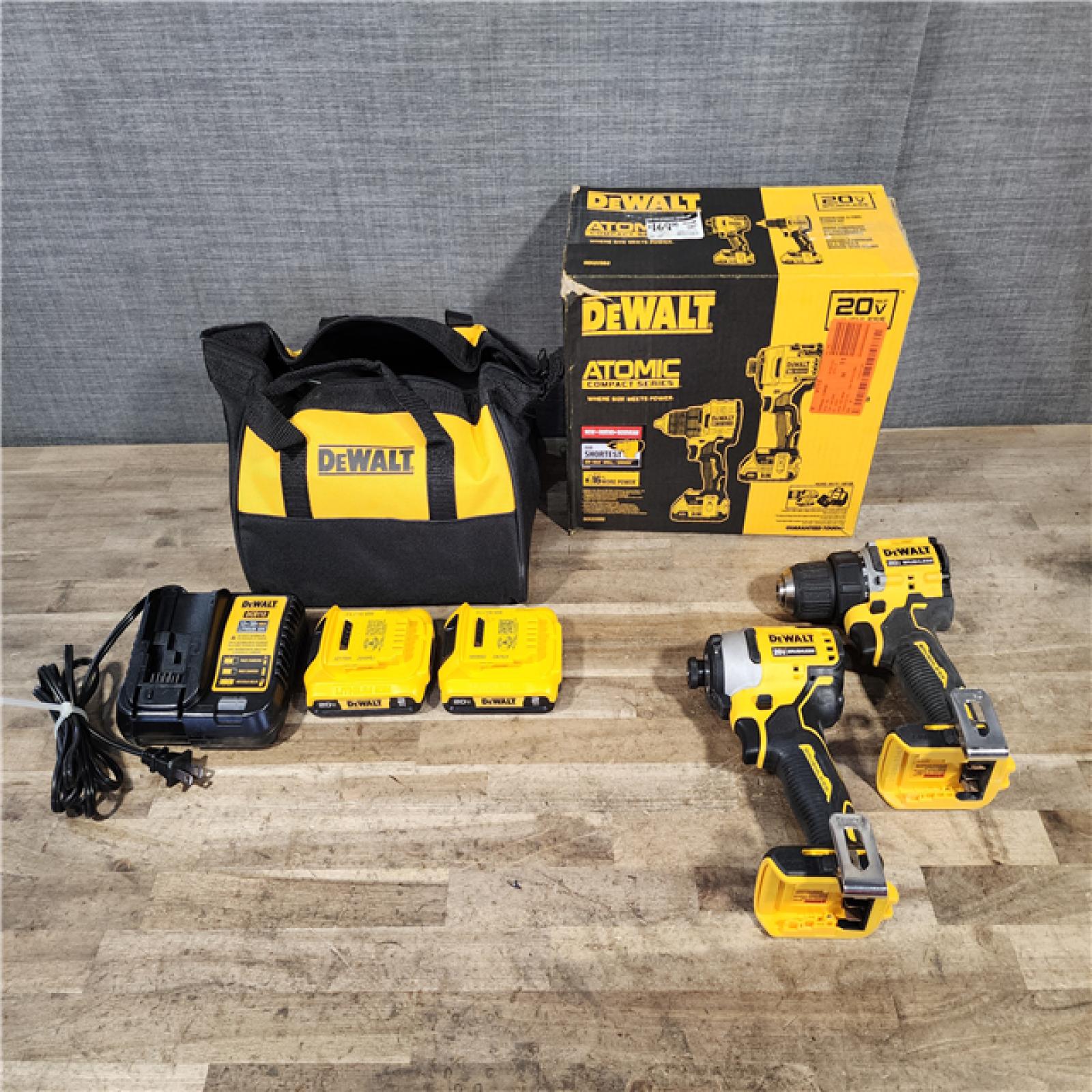 HOUSTON LOCATION - AS-IS Dewalt DCK225D2 20V MAX ATOMIC Brushless Compact Lithium-Ion 1/2 in. Cordless Drill Driver and 1/4 in. Impact Driver Combo Kit with 2 Batteries 2 Ah