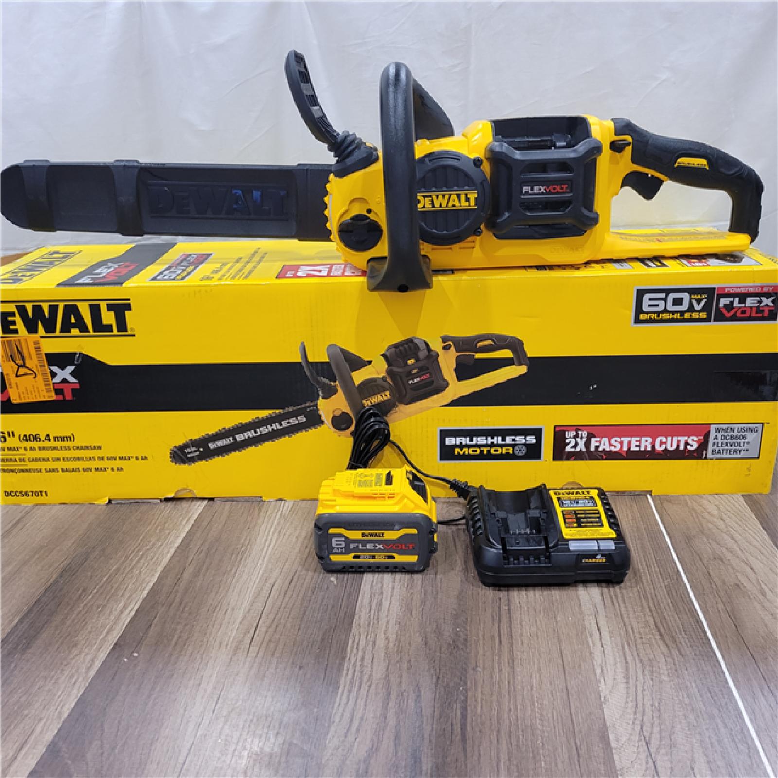 AS-IS  DEWALT  FLEXVOLT 60V MAX 16in. Brushless Cordless Battery Powered Chainsaw Kit with (1) FLEXVOLT 2 Ah Battery & Charger