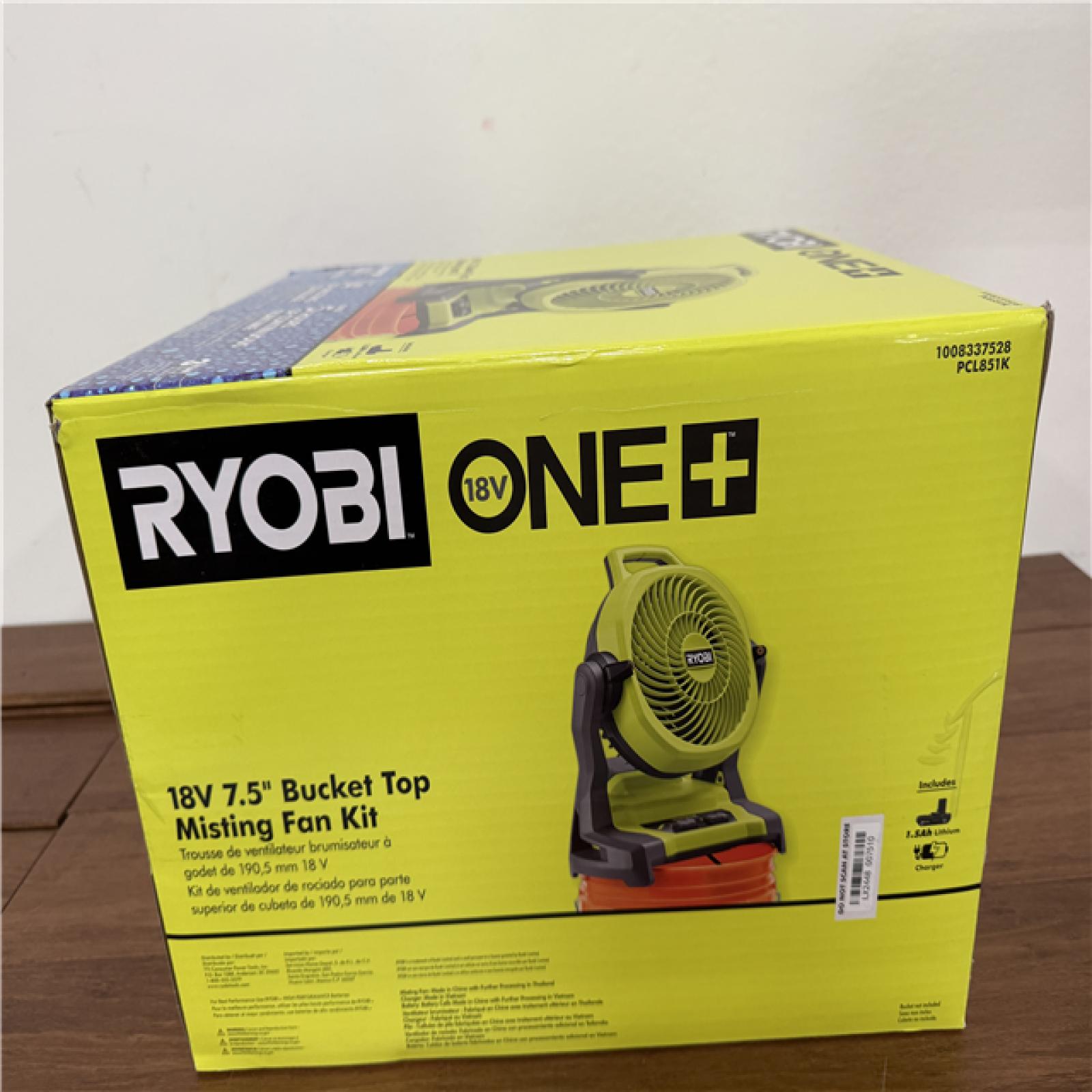 California NEW Sealed Box Ryobi 18V 7.5 Bucket Top Misting Fan Kit, Includes (1) Battery & Charger