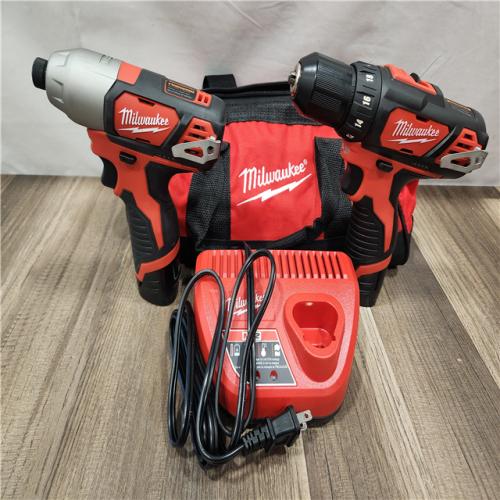AS-IS- Milwaukee M12 Cordless Combination 3/8  Drill / Driver and 1/4  Hex Impact Driver Dual Power Tool Kit (2 Lithium Ion Batteries  Charger  and B