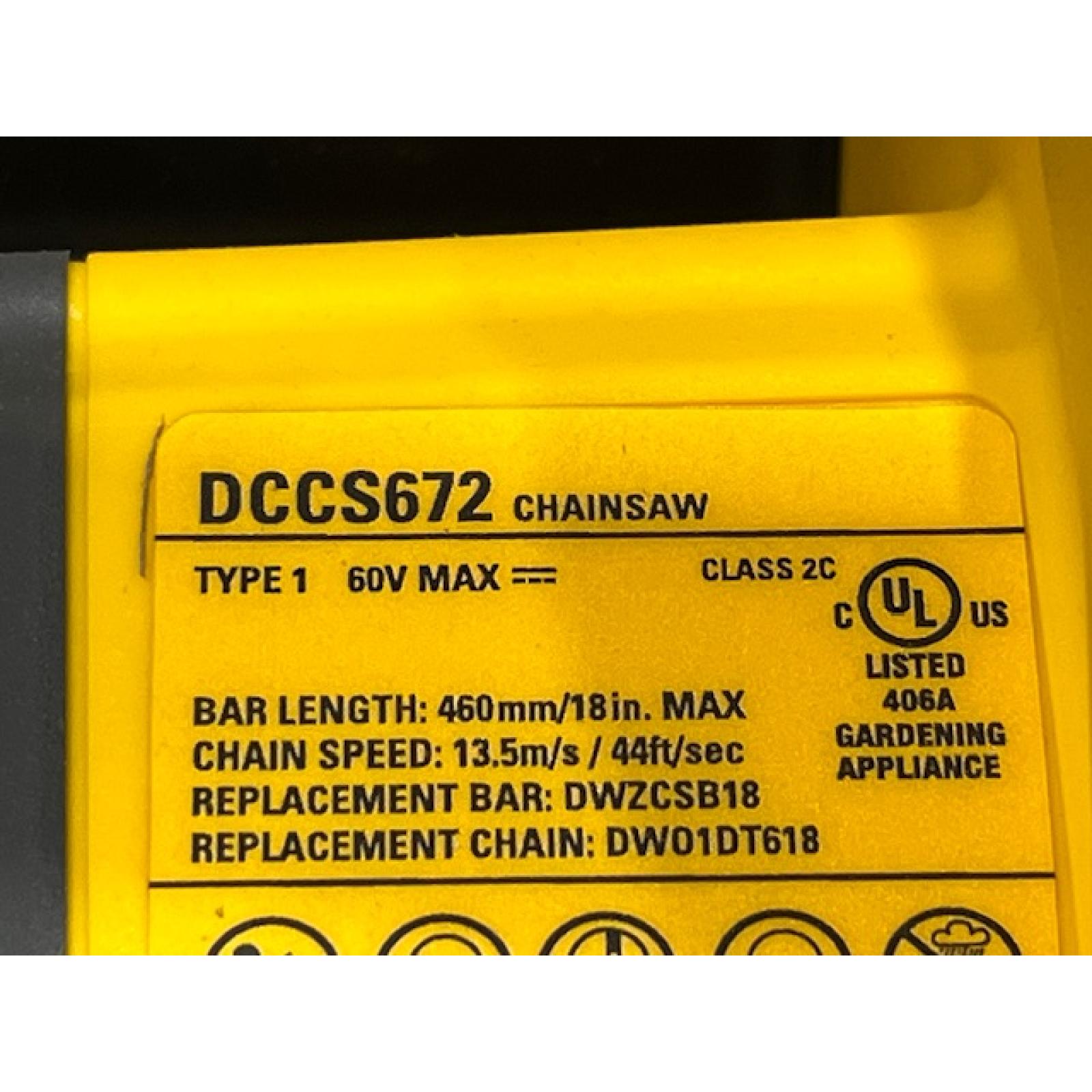 AS-IS DEWALT DCCS672B FLEXVOLT 60V MAX Brushless Cordless 18 Chainsaw (Tool Only)