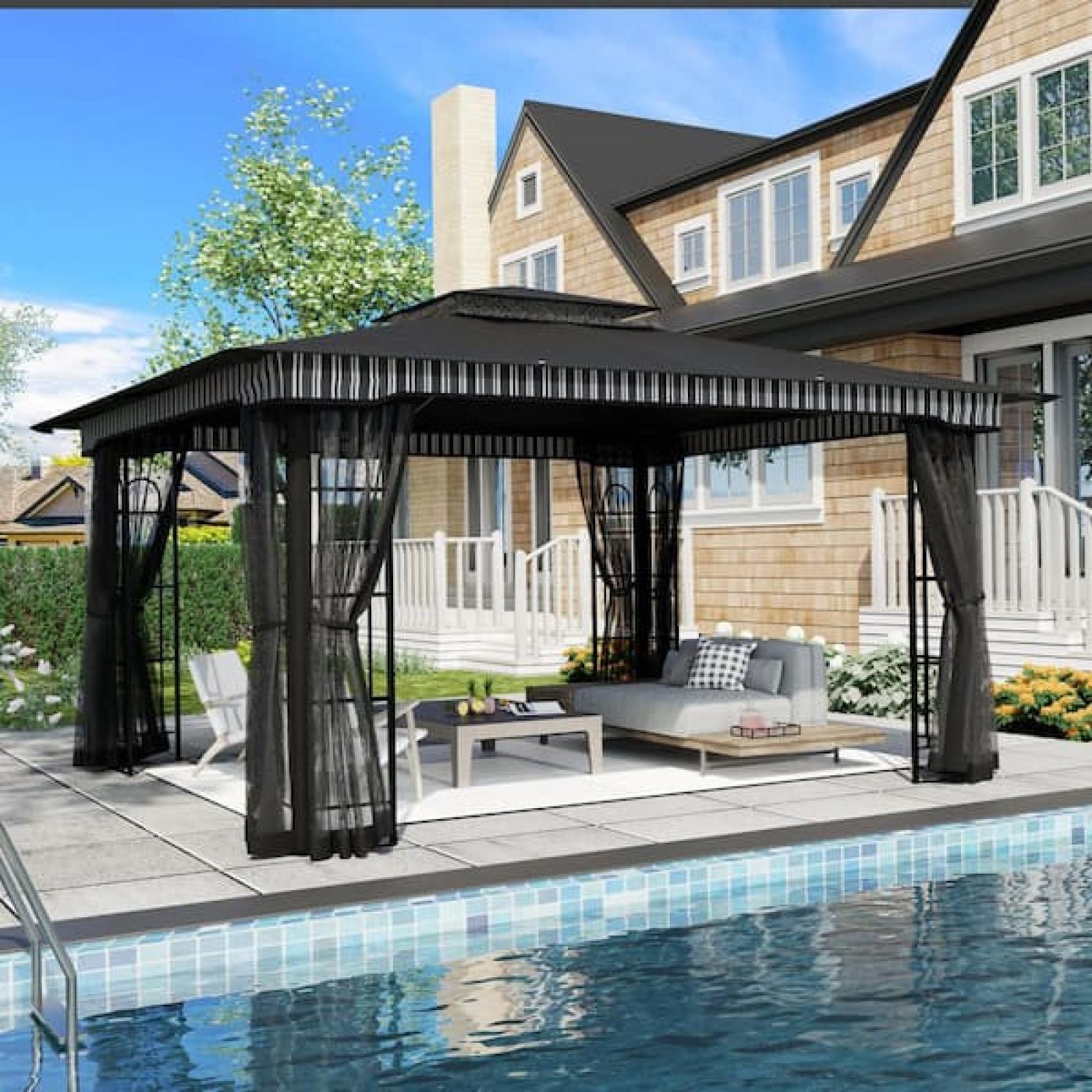 Phoenix NEW Esunny 13 ft. x 11 ft. Black Outdoor Patio Steel Frame Soft Top Gazebo Tents with Mosquito Netting and Canopy Top
