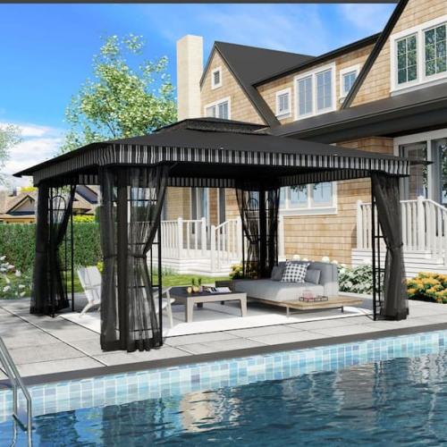 Phoenix NEW Esunny 13 ft. x 11 ft. Black Outdoor Patio Steel Frame Soft Top Gazebo Tents with Mosquito Netting and Canopy Top