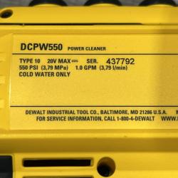 AS-IS DEWALT 20V MAX 550 PSI 1.0 GPM Cold Water Cordless Power Cleaner with 4-Nozzles (Tool Only)
